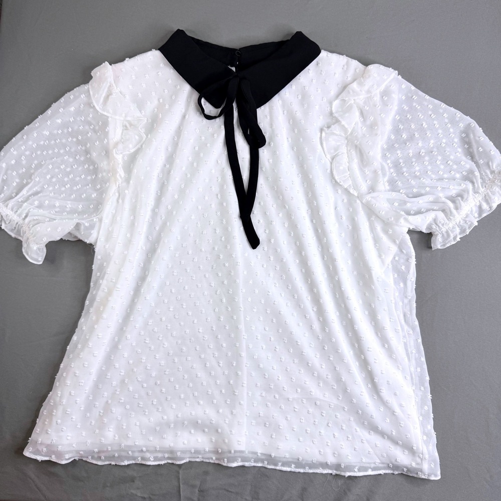 CeCe White Swiss Dot Tie Neck Ruffle Blouse Black Contrast Collar XL